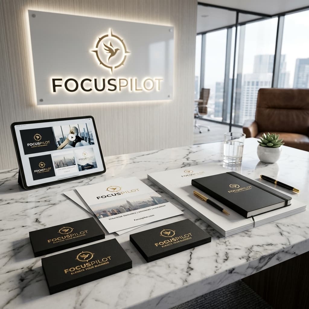 The Complete Focuspilot Brand Identity Guide: Physical Signage, Business Cards, Office Decor & Digital Branding