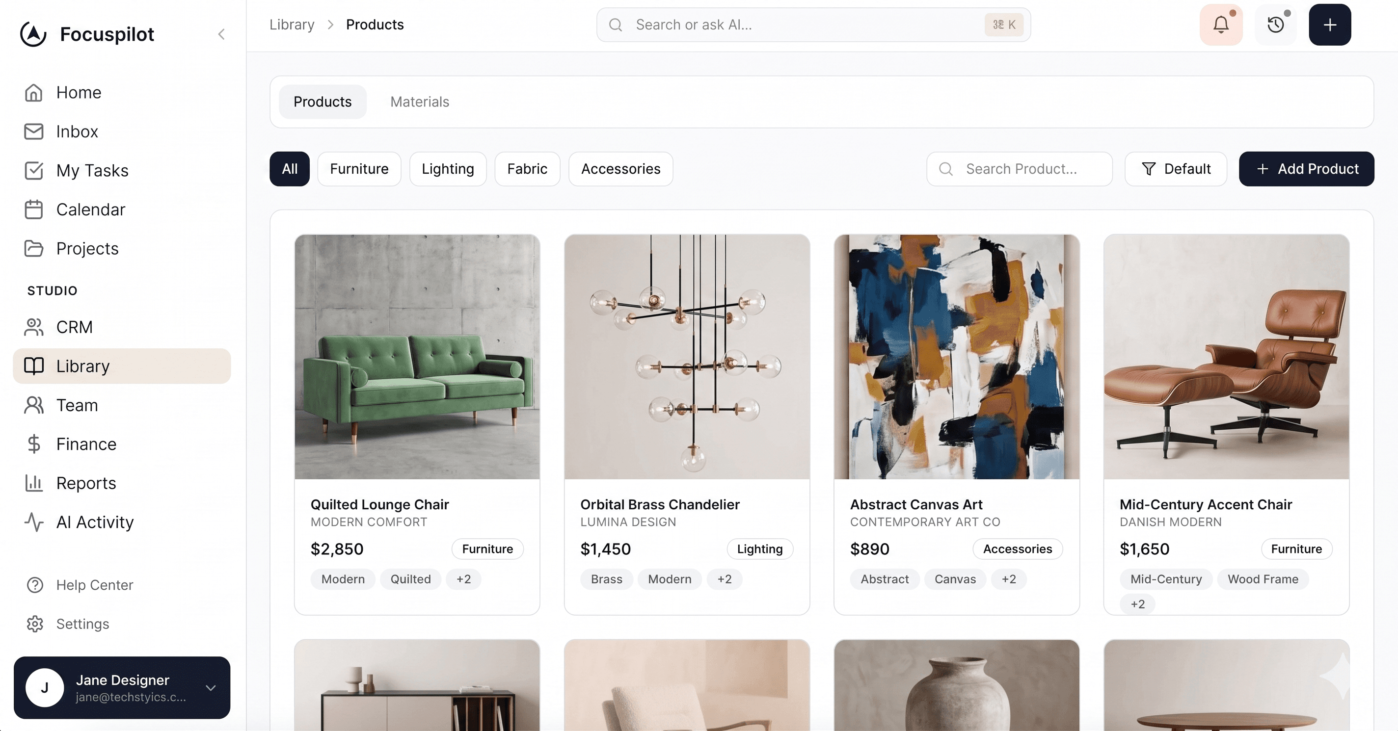 Product library interface showing organized collections and AI-powered search