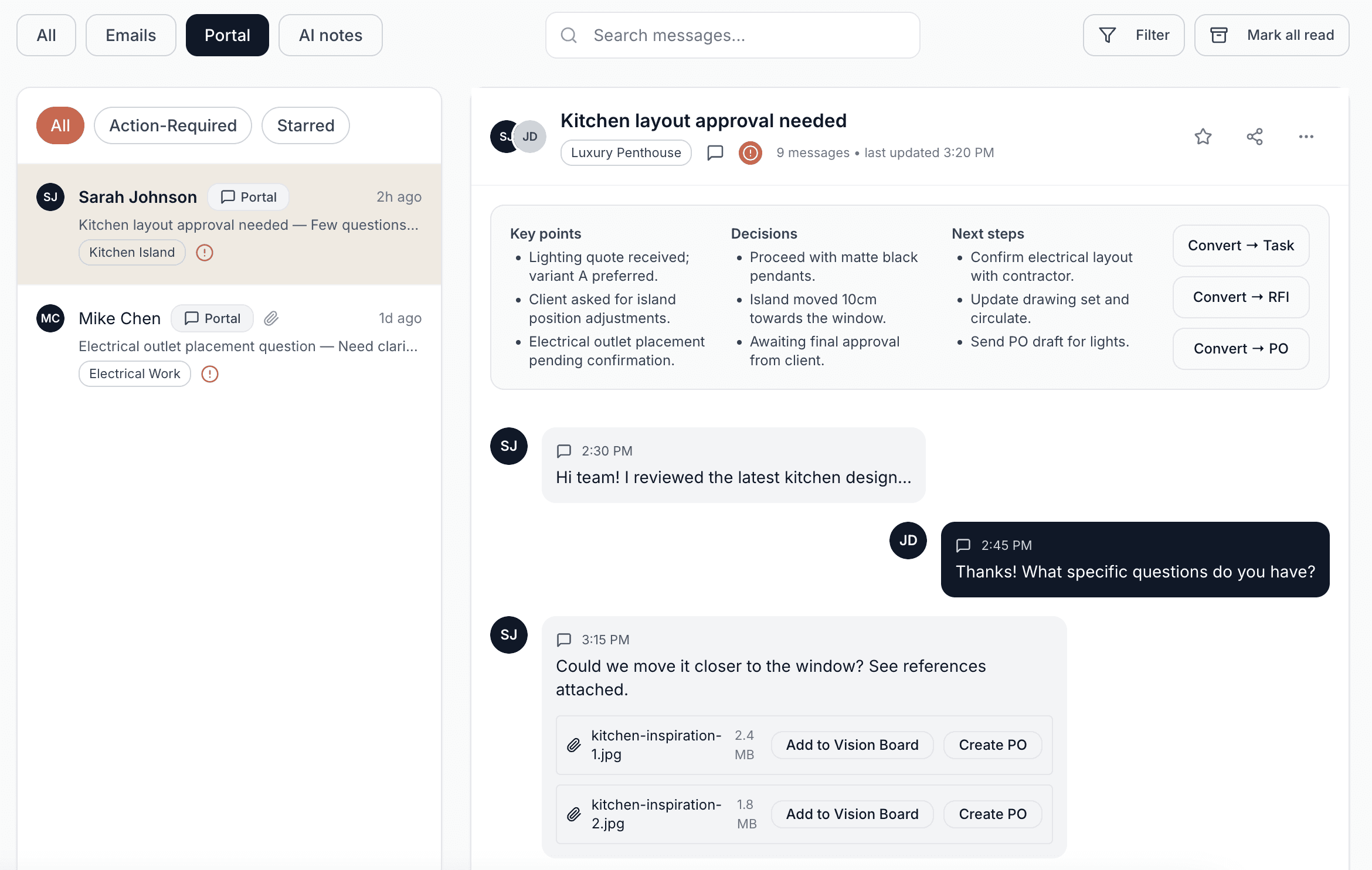 Real-time notification system showing approval requests and status updates