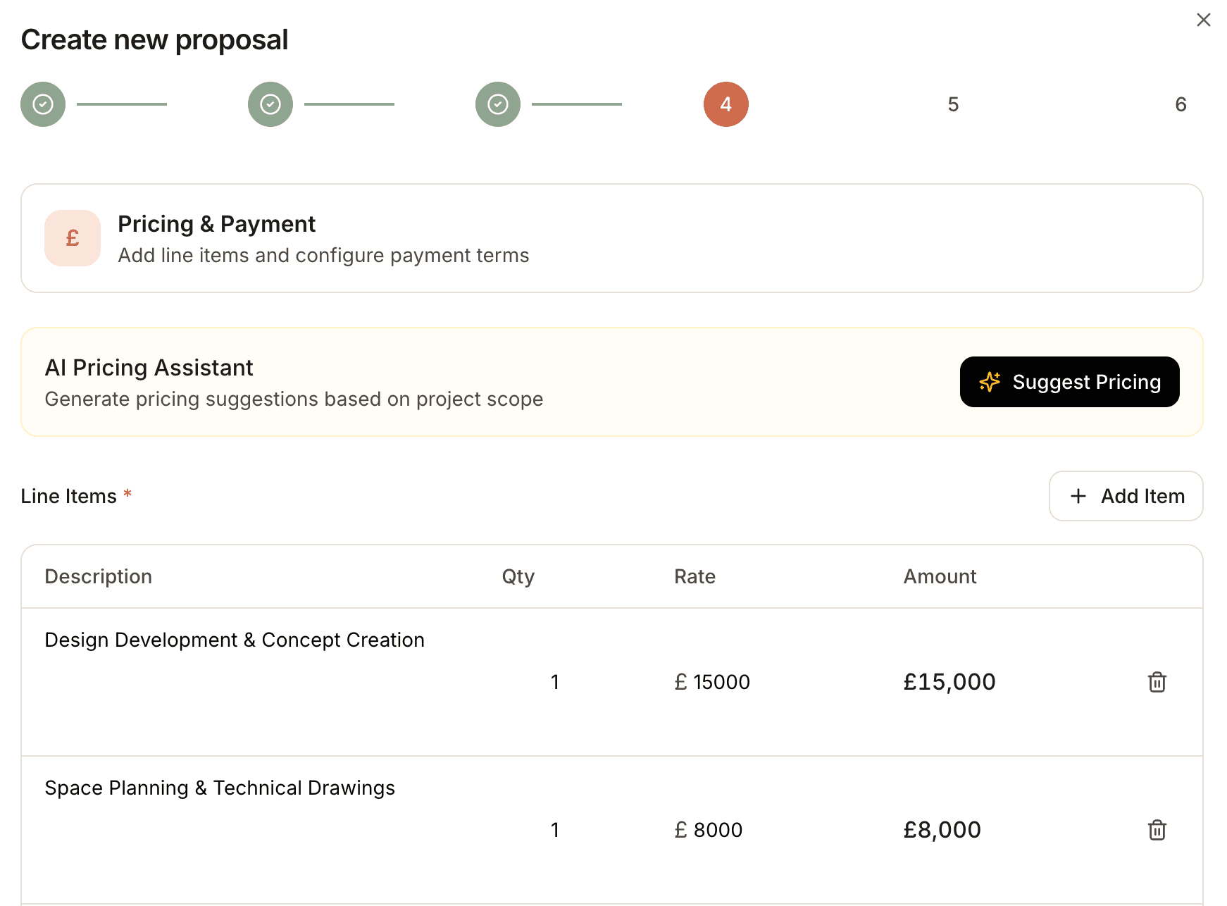 AI-powered interior design proposal wizard showing detailed pricing breakdown with line items, fees, and AI assistant suggestions