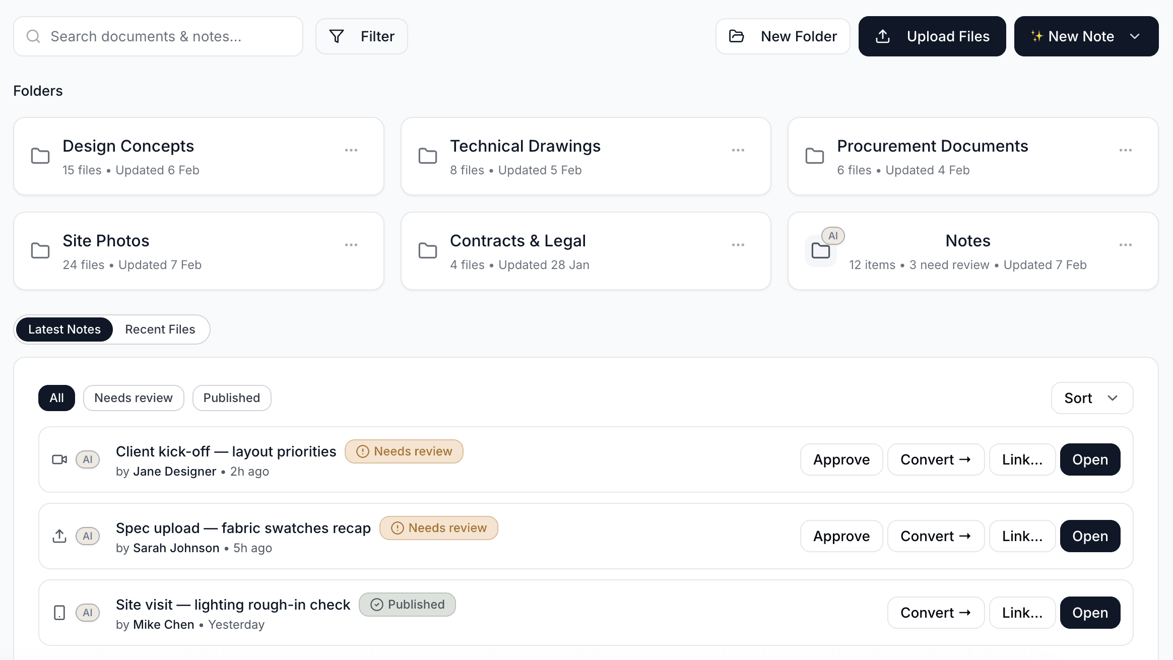 Visual approval interface showing design presentations and client feedback