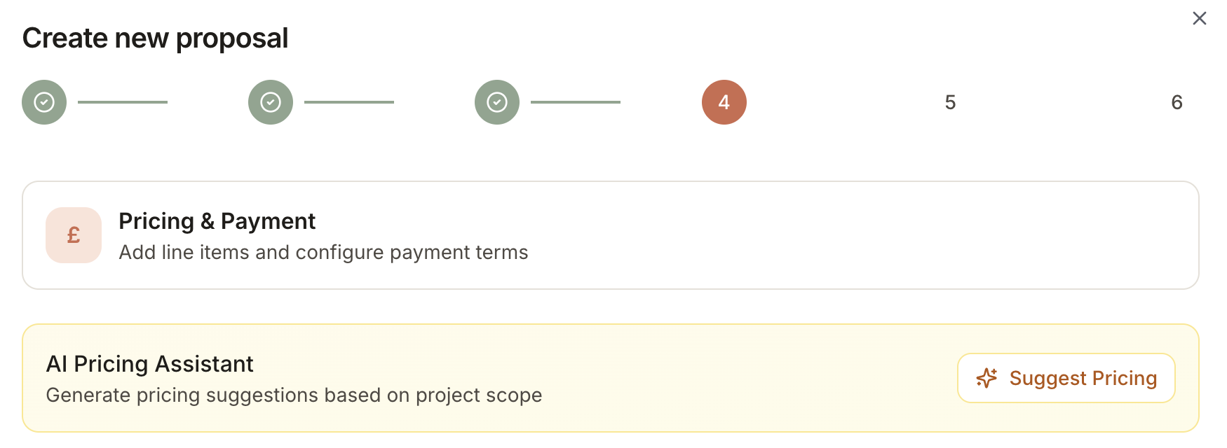 AI proposal wizard with phased pricing for interior design studios
