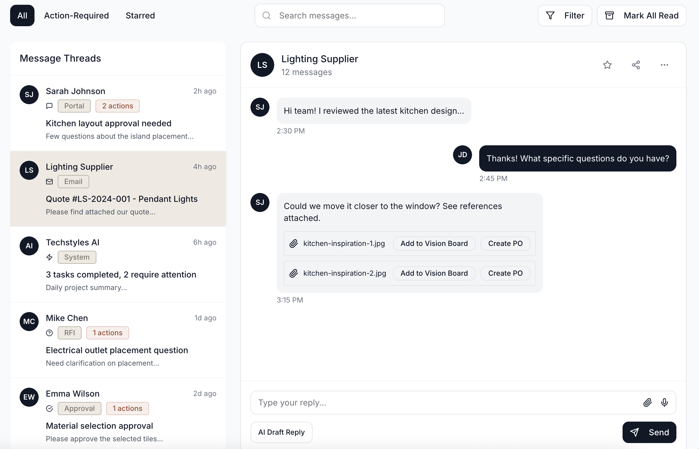 Project messages and email threads in Focuspilot