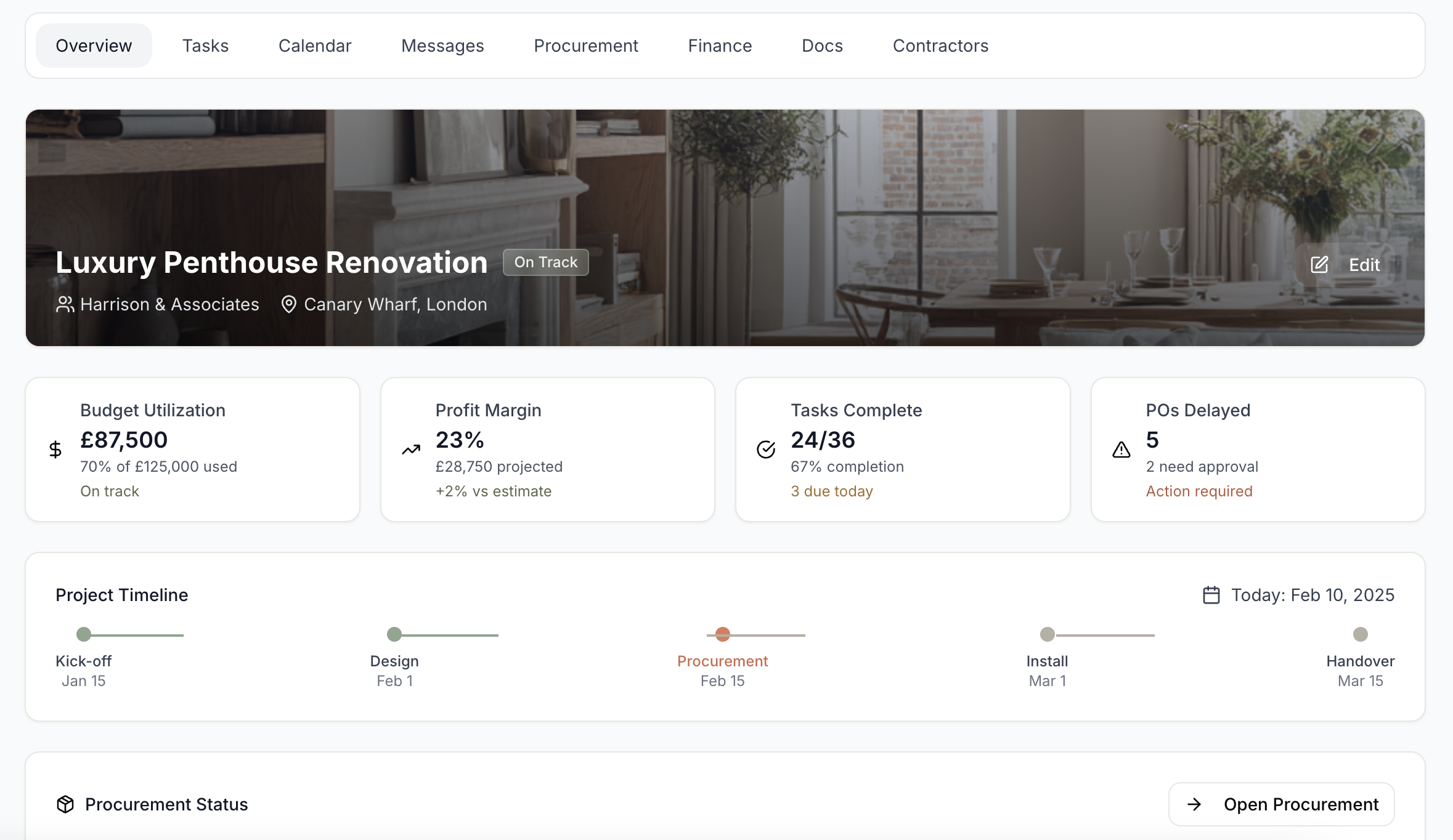 Platform overview - Connect leads, projects, procurement and billing in one calm workspace.